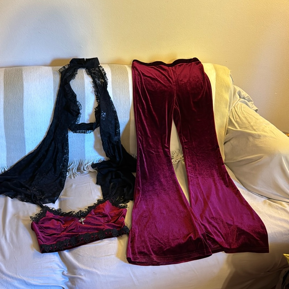 Velvet and Lace Disco Goth wide leg pants, bralette top, Lace sleeves /Collar